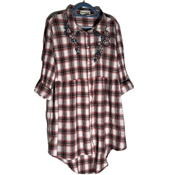 Seventh Avenue Red White Plaid Empire Waist Button-Down Shirt Floral Embroidery - Picture 6 of 9